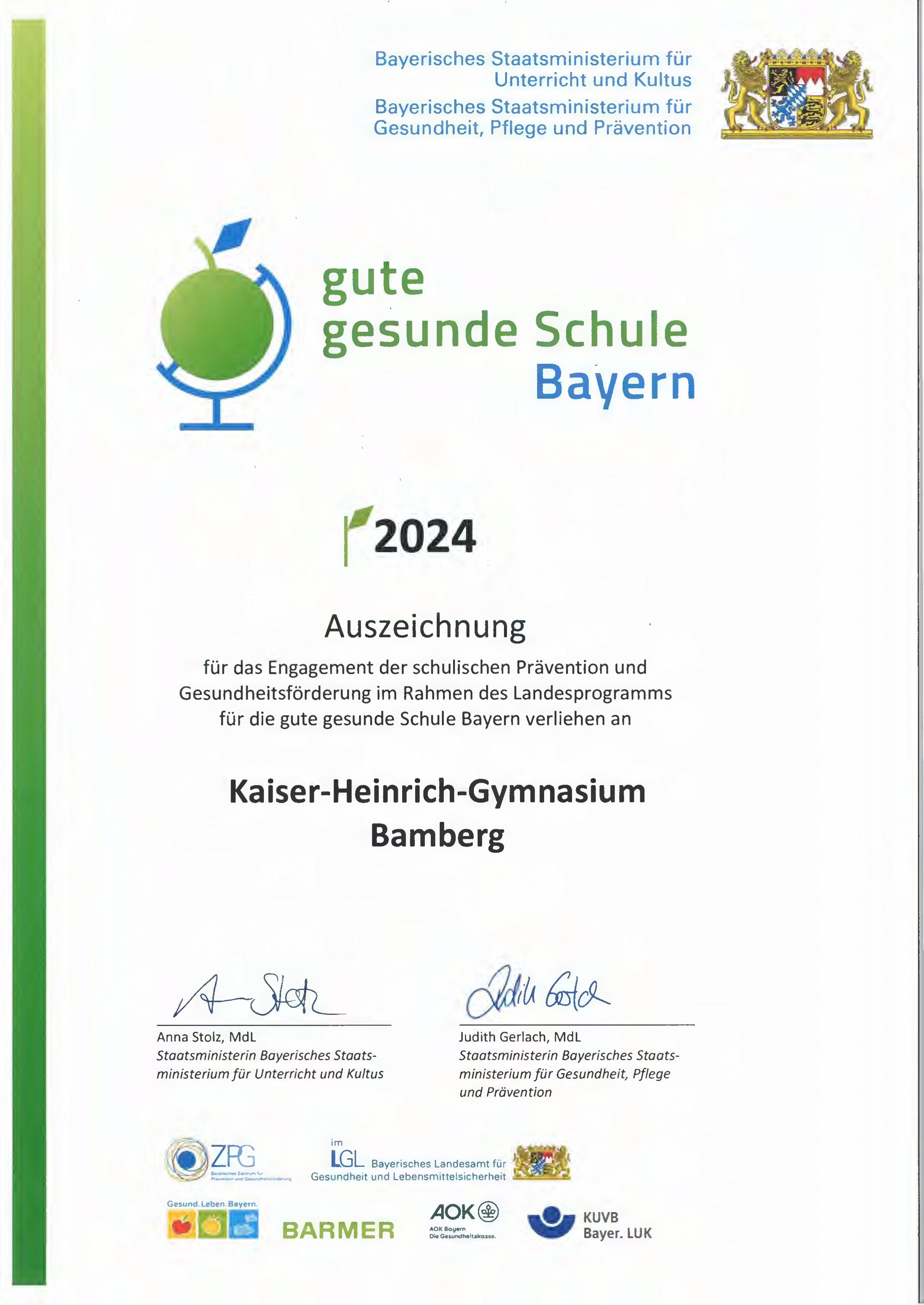 Gute gesunde Schule KHG Urkunde 2024